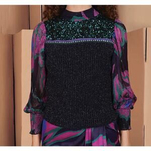 Anthropologie BLNK NEW Johana Top XS Blue Sequin Purple Green Artsy Art To Wear